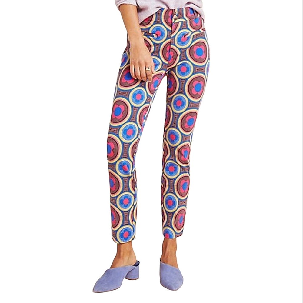 Anthropologie Essential Slim pink amd blue retro floral skinny pants size 12